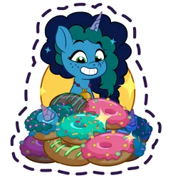 Size: 1024x1024 | Tagged: safe, derpibooru import, pony, unicorn, g5, cute, donut, excited, female, food, freckles, game screencap, gameloft, grin, happy, horn, image, jewelry, mare, misty brightdawn, mistybetes, my little pony: mane merge, pendant, png, simple background, smiling, solo, sparkles, sticker, transparent background, unicorn horn