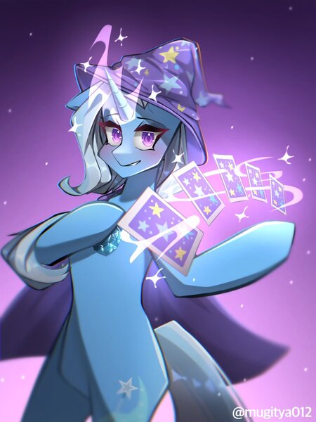 Size: 1536x2048 | Tagged: safe, artist:mugitya012, derpibooru import, trixie, pony, unicorn, bipedal, brooch, cape, card, clothes, female, glow, glowing horn, gradient background, hat, horn, image, jewelry, jpeg, looking at you, magic, magic aura, mare, purple background, simple background, solo, telekinesis, trixie's brooch, trixie's cape, trixie's hat