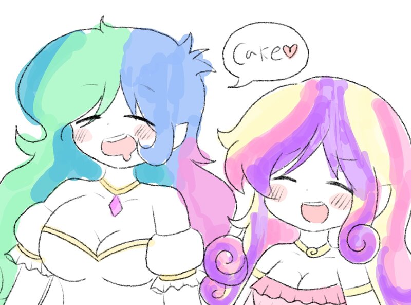 Size: 2048x1518 | Tagged: safe, artist:ruto_me, derpibooru import, princess cadance, princess celestia, human, breasts, cake, cakelestia, cleavage, duo, female, food, humanized, image, jpeg