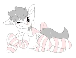 Size: 1951x1502 | Tagged: safe, artist:spookyfoxinc, derpibooru import, oc, unofficial characters only, pegasus, pony, bow, clothes, ear fluff, image, lying, one ear down, one eye closed, png, simple background, socks, solo, striped socks, tail, tail bow, white background