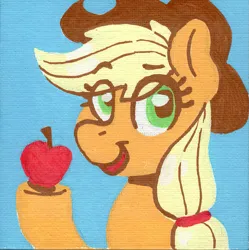 Size: 1179x1184 | Tagged: safe, artist:dandy, derpibooru import, applejack, earth pony, acrylic painting, apple, bust, colored, cowboy hat, eye clipping through hair, eyebrows, eyebrows visible through hair, flat colors, food, hair tie, hat, image, looking at you, open mouth, png, simple background, solo, traditional art