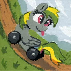 Size: 1172x1179 | Tagged: safe, artist:dandy, derpibooru import, oc, oc:wheely bopper, unofficial characters only, original species, pegasus, wheelpone, acrylic painting, grass, image, looking back, png, road, sky, solo, tongue out, traditional art, wings