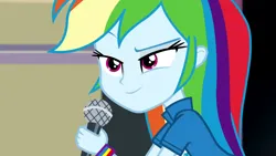 Size: 3072x1727 | Tagged: safe, derpibooru import, screencap, rainbow dash, human, equestria girls, friendship games, chs rally song, clothes, cutie mark, cutie mark on clothes, eyebrows, female, image, jpeg, microphone, raised eyebrow, smiling, solo