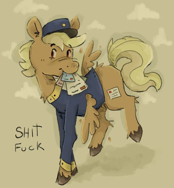 Size: 1080x1167 | Tagged: safe, artist:kul.kunst, derpibooru import, pegasus, pony, blonde, clothes, female, forced meme, hat, image, letter, mare, meme, mouth hold, png, red eyes, shitfuck meme, simple background, spread wings, swift reply, uniform, vulgar, wings