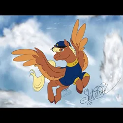 Size: 1080x1080 | Tagged: safe, artist:flamingeaux, derpibooru import, pegasus, pony, blonde, clothes, cloud, female, flying, forced meme, hat, image, jpeg, mare, meme, red eyes, shitfuck meme, signature, sky, sky background, spread wings, swift reply, uniform, vulgar, wings