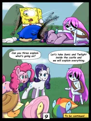 Size: 7500x10000 | Tagged: safe, artist:chedx, derpibooru import, applejack, fluttershy, pinkie pie, rainbow dash, rarity, twilight sparkle, earth pony, pegasus, unicorn, comic:learning with pibby glitch battles, comic, commission, corrupted, crossover, image, mane six, multiverse, pibby, png, sonic the hedgehog, sonic the hedgehog (series), spongebob squarepants, spongebob squarepants (character)