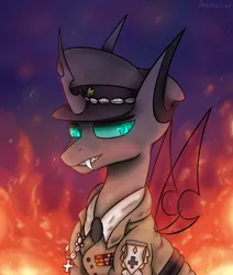 Size: 2085x2453 | Tagged: safe, artist:ashel_aras, derpibooru import, oc, oc:mader, unofficial characters only, changeling, changeling oc, clothes, commission, fire, grin, hat, image, male, military uniform, officer, peaked cap, png, simple background, smiling, solo, uniform