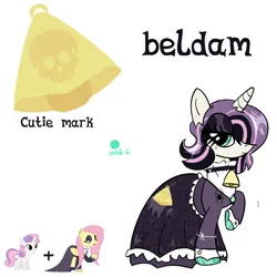 Size: 2048x2048 | Tagged: safe, derpibooru import, fluttershy, sweetie belle, oc, pony, unicorn, bell, bell collar, black dress, clothes, collar, cutie mark, dress, fluttergoth, fusion, fusion:fluttershy, fusion:sweetie belle, goth, goth fluttershy, gothic, gothic lolita, image, makeup, png, reference sheet, simple background, white background