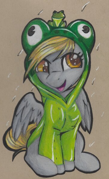 Size: 2484x4096 | Tagged: safe, artist:gleamydreams, derpibooru import, derpy hooves, frog, pegasus, pony, female, image, jpeg, rain, raincoat, solo, traditional art