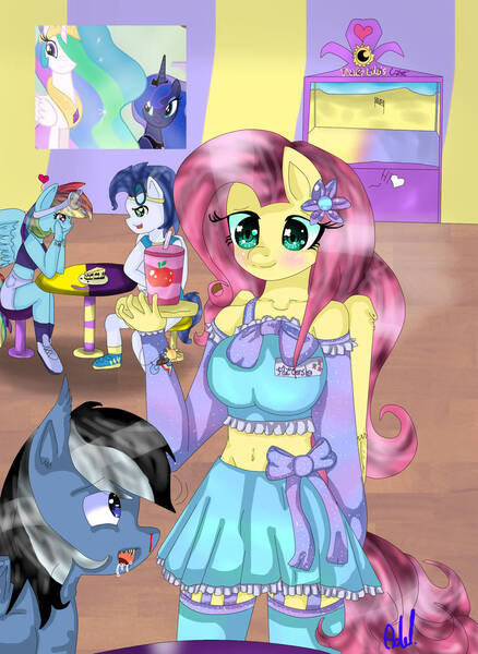 Size: 764x1046 | Tagged: safe, artist:septicmelon, derpibooru import, fluttershy, princess celestia, princess luna, rainbow dash, soarin', oc, alicorn, earth pony, human, pegasus, pony, blushing, clothes, date, dress, female, humanized, image, jpeg, male, mare, shipping, soarindash, stallion, straight