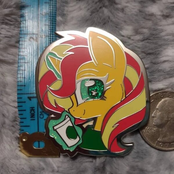 Size: 744x744 | Tagged: safe, artist:gleamydreams, derpibooru import, sunset shimmer, pony, unicorn, coffee, craft, image, irl, jpeg, photo, pin