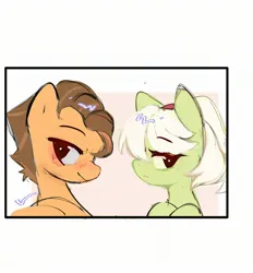 Size: 1948x2100 | Tagged: safe, artist:panrcillo_jelly, derpibooru import, grand pear, granny smith, earth pony, pony, female, image, jpeg, male, shipping, straight, young grand pear, young granny smith, younger