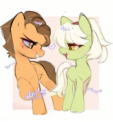 Size: 1948x2100 | Tagged: safe, artist:panrcillo_jelly, derpibooru import, grand pear, granny smith, earth pony, pony, female, image, jpeg, male, shipping, straight, young grand pear, young granny smith, younger