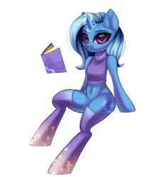 Size: 3333x3666 | Tagged: safe, alternate version, artist:02vxmp, derpibooru import, trixie, anthro, unguligrade anthro, unicorn, belly button, book, female, glow, glowing horn, gradient background, horn, image, jpeg, simple background, solo, white background