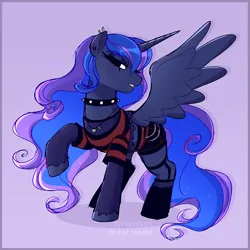 Size: 2048x2048 | Tagged: safe, artist:syrupyyy, princess luna, alicorn, pony, choker, clothes, female, fishnet clothing, image, jewelry, jpeg, mare, necklace, punk, shirt, socks, solo, spiked choker, spread wings, stockings, striped shirt, thigh highs, wings