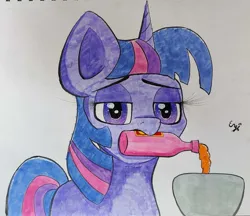 Size: 1756x1519 | Tagged: safe, artist:engi, derpibooru import, twilight sparkle, pony, unicorn, confound these ponies, cup, female, hot sauce, image, jpeg, simple background, solo, traditional art, watercolor painting