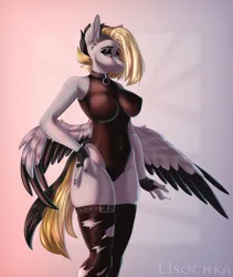 Size: 1763x2090 | Tagged: oc name needed, safe, artist:lisochka69, derpibooru import, oc, anthro, pegasus, anthro oc, belly button, belt, belt buckle, big breasts, breasts, clothes, collar, colored wings, ears, ears up, erect nipples, eyebrows, eyelashes, feathered wings, female oc, fingerless gloves, gloves, hips, image, leotard, lidded eyes, mohawk, multicolored wings, nail polish, nails, nipple outline, pegasus oc, pegasus wings, png, ripped stockings, shaved head, skintight, skintight clothes, socks, solo, spread wings, stockings, tail, thigh highs, thighs, torn clothes, two toned hair, two toned tail, undercut, waist, wings