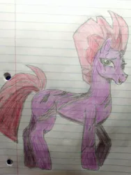 Size: 2416x3216 | Tagged: safe, artist:dust, derpibooru import, fizzlepop berrytwist, tempest shadow, pony, unicorn, adult blank flank, blank flank, colored, colored pencil drawing, derpibooru exclusive, eye scar, facial scar, female, image, jpeg, lined paper, looking at you, mare, no armor, pencil drawing, scar, scared, shading, shading practice, smiling, solo, traditional art