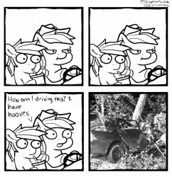 Size: 1981x2048 | Tagged: safe, artist:dagothurfanclub, derpibooru import, applejack, rainbow dash, earth pony, pegasus, pony, black and white, car, car crash, comic, drinking, driving, duo, grayscale, image, jpeg, monochrome, simple background, white background