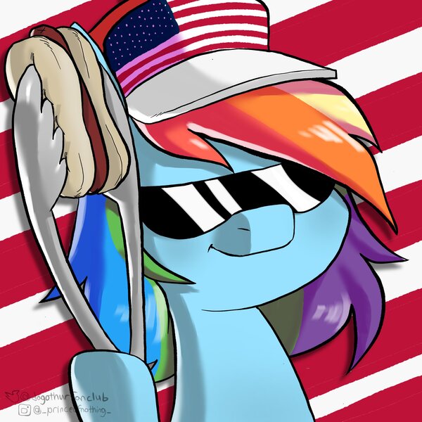 Size: 2048x2048 | Tagged: safe, artist:dagothurfanclub, derpibooru import, fluttershy, rainbow dash, pegasus, pony, american flag, female, flag, food, hat, hoof hold, hot dog, image, jpeg, meat, murica, sausage, solo, sunglasses, united states