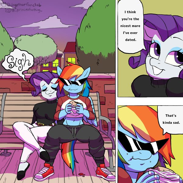 Size: 2048x2048 | Tagged: safe, artist:dagothurfanclub, derpibooru import, rainbow dash, rarity, ponified, anthro, pegasus, pony, unicorn, clothes, comic, converse, duo, eating, female, food, image, jpeg, lesbian, meme, raridash, shipping, shoes, sunglasses