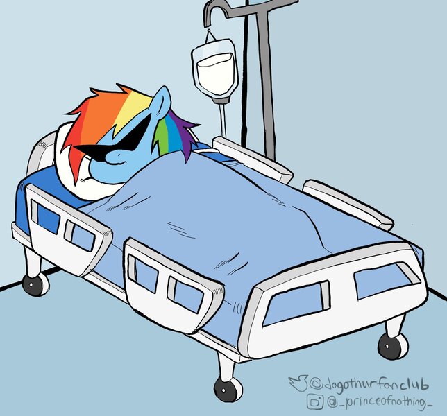 Size: 1940x1808 | Tagged: safe, artist:dagothurfanclub, derpibooru import, rainbow dash, pegasus, pony, bed, female, hospital bed, image, iv, jpeg, solo, sunglasses