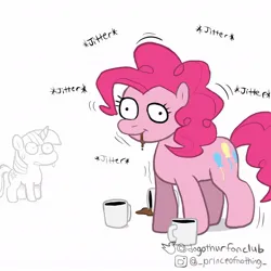 Size: 1080x1080 | Tagged: safe, artist:dagothurfanclub, derpibooru import, pinkie pie, twilight sparkle, earth pony, pony, unicorn, caffeine, coffee, duo, female, image, jpeg, mare, moments before disaster, pinkie found the coffee, simple background, sweat, sweatdrop, this will not end well, unicorn twilight, white background, worried, xk-class end-of-the-world scenario