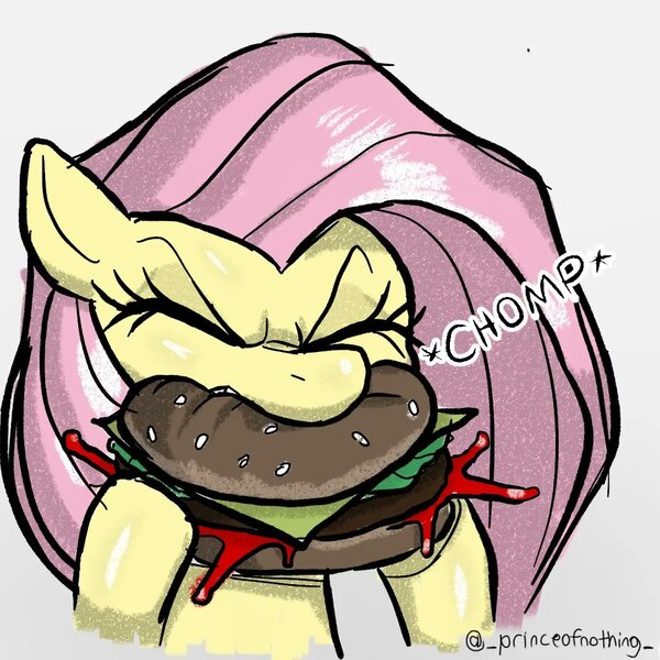 Size: 1080x1080 | Tagged: safe, artist:dagothurfanclub, derpibooru import, fluttershy, pegasus, pony, burger, cheese, eating, female, food, image, jpeg, ketchup, lettuce, meat, messy eating, ponies eating meat, sauce, solo