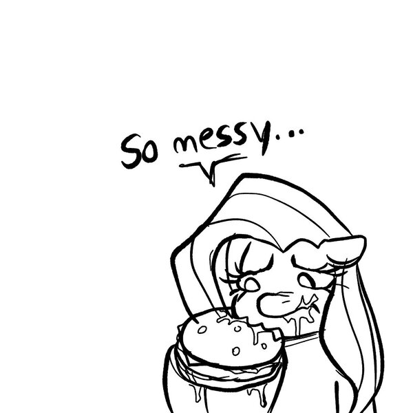 Size: 1080x1080 | Tagged: safe, artist:dagothurfanclub, derpibooru import, fluttershy, pegasus, pony, black and white, burger, eating, female, food, grayscale, image, jpeg, messy eating, monochrome, simple background, solo, white background