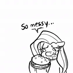 Size: 1080x1080 | Tagged: safe, artist:dagothurfanclub, derpibooru import, fluttershy, pegasus, pony, black and white, burger, eating, female, food, grayscale, image, jpeg, messy eating, monochrome, simple background, solo, white background