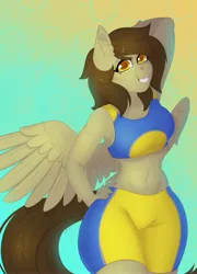 Size: 2943x4096 | Tagged: safe, artist:yutailaarts, derpibooru import, oc, oc:static spark, unofficial characters only, anthro, pegasus, anthro oc, belly button, female, gradient background, image, jpeg, midriff, pegasus oc, solo, wings