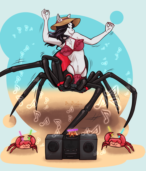 Size: 2430x2855 | Tagged: safe, artist:blackblood-queen, derpibooru import, oc, oc:charlotte silk, unofficial characters only, anthro, crab, drider, monster pony, original species, spiderpony, anthro oc, beach, beach hat, bikini, boombox, breasts, clothes, commission, dancing, eyes closed, fangs, hermit crab, image, music notes, png, swimsuit