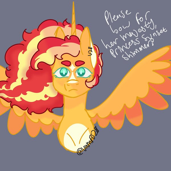 Size: 2048x2048 | Tagged: safe, artist:vampss28, derpibooru import, sunset shimmer, alicorn, pony, alicornified, alternate hairstyle, female, gray background, image, jpeg, race swap, shimmercorn, simple background, solo