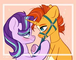 Size: 2500x2000 | Tagged: safe, artist:shelti, derpibooru import, starlight glimmer, sunburst, pony, unicorn, bridle, female, image, jpeg, looking at each other, looking at someone, male, messy mane, shipping, signature, simple background, starburst, straight, tack, underhoof