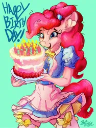 Size: 2400x3200 | Tagged: safe, artist:brovia6, derpibooru import, pinkie pie, anthro, pony, birthday cake, cake, female, food, happy birthday, image, jpeg, solo