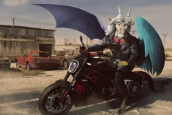 Size: 2351x1567 | Tagged: safe, artist:spotty the cheetah, derpibooru import, discord, draconequus, abandoned, biker, building, clothes, desert, dust, ford mustang, hill, image, jacket, leather, leather jacket, looking at you, male, motorcycle, pants, png, power line, road, sign, smiling, solo, spread wings, warning sign, wings