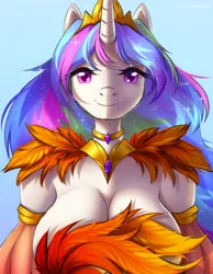 Size: 1000x1290 | Tagged: safe, artist:blueomlette, derpibooru import, princess celestia, alicorn, anthro, big breasts, breasts, busty princess celestia, choker, cleavage, crown, feather, female, gradient background, horn, image, jewelry, looking at you, necklace, png, regalia, smiling, smiling at you, solo, solo female, strategically covered