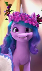 Size: 587x982 | Tagged: safe, derpibooru import, screencap, izzy moonbow, zipp storm, pegasus, pony, unicorn, g5, my little pony: make your mark, spoiler:g5, spoiler:winter wishday, cute, female, floral head wreath, flower, image, izzybetes, jpeg, mare, my little pony: make your mark chapter 3, smiling, solo focus, winter wishday