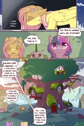 Size: 960x1440 | Tagged: safe, alternate version, artist:cold-blooded-twilight, derpibooru import, fluttershy, spike, twilight sparkle, cold blooded twilight, comic:cold storm, comic, dialogue, golden oaks library, image, library, png, speech bubble, sunset