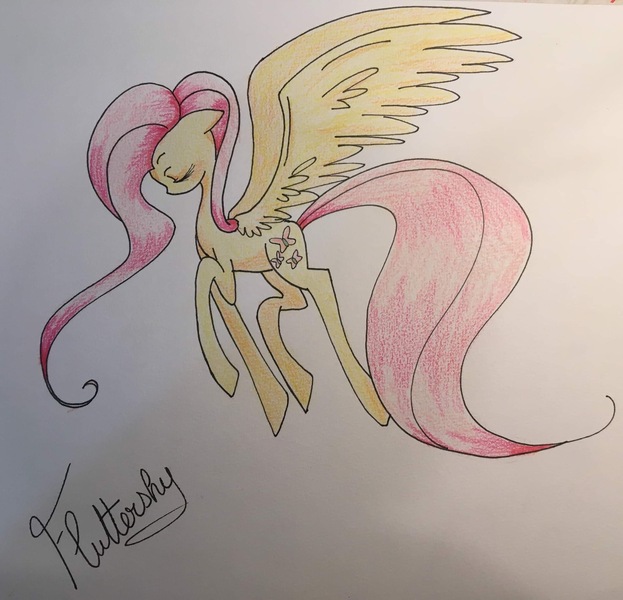 Size: 2126x2048 | Tagged: safe, artist:lovylovecristal, derpibooru import, fluttershy, pegasus, pony, eyes closed, female, image, jpeg, large wings, long tail, mare, name, solo, spread wings, tail, traditional art, wings