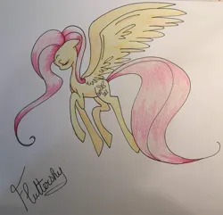 Size: 2126x2048 | Tagged: safe, artist:lovylovecristal, derpibooru import, fluttershy, pegasus, pony, eyes closed, female, image, jpeg, large wings, long tail, mare, name, solo, spread wings, tail, traditional art, wings