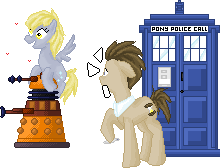 Size: 220x168 | Tagged: safe, artist:lovylovecristal, derpibooru import, derpy hooves, doctor whooves, time turner, earth pony, pegasus, pony, animated, dalek, doctor who, emanata, female, floating, gif, heart, image, loop, male, mare, pixel art, riding, simple background, stallion, tardis, transparent background