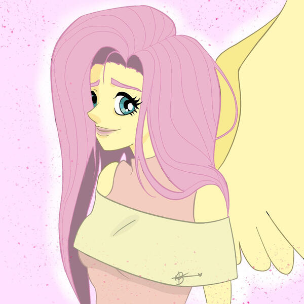 Size: 1280x1280 | Tagged: safe, artist:tsavorite-tears, derpibooru import, fluttershy, human, clothes, female, hair over one eye, humanized, image, jpeg, looking at you, off shoulder, pink background, pony coloring, simple background, smiling, smiling at you, solo, spread wings, winged humanization, wings