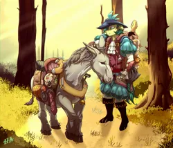 Size: 1750x1500 | Tagged: safe, artist:mazinga669, derpibooru import, sandbar, anthro, earth pony, hybrid, mule, plantigrade anthro, adventurer, backpack, bard, boots, clothes, fantasy, fantasy class, forest, guitar, hat, high heel boots, image, jpeg, male, musical instrument, outdoors, shoes, tree