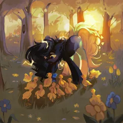 Size: 3000x3000 | Tagged: safe, artist:pledus, derpibooru import, oc, unofficial characters only, bird, duck, earth pony, pony, duckling, flower, forest, image, jpeg, solo, tree