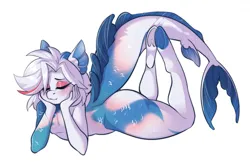 Size: 2351x1567 | Tagged: safe, artist:zenexart, derpibooru import, oc, anthro, fish, original species, unguligrade anthro, butt, ear fins, eyelashes, eyes closed, eyeshadow, femboy, fish tail, hair, hand on face, hips, hooves, image, jpeg, legs raised, lidded eyes, lying down, makeup, male, prone, scales, short hair, solo, tail, the pose, thighs