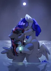 Size: 2058x2837 | Tagged: safe, artist:pledus, derpibooru import, oc, unofficial characters only, pegasus, pony, embrace, eyes closed, floppy ears, full moon, image, jpeg, kissing, moon, spread wings, water, wings