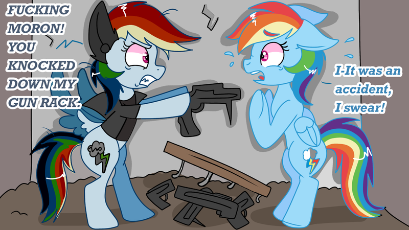 Size: 1280x720 | Tagged: semi-grimdark, artist:mlpcartel, derpibooru import, rainbow dash, pegasus, pony, elements of insanity, gun, gun fetish, image, panicking, png, rage, rainbine, vulgar, weapon