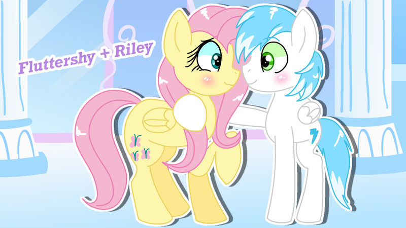 Size: 1280x720 | Tagged: safe, artist:mlpcartel, derpibooru import, fluttershy, oc, oc:riley, canon x oc, cloudsdale, cute, hug, image, png, shipping, wholesome