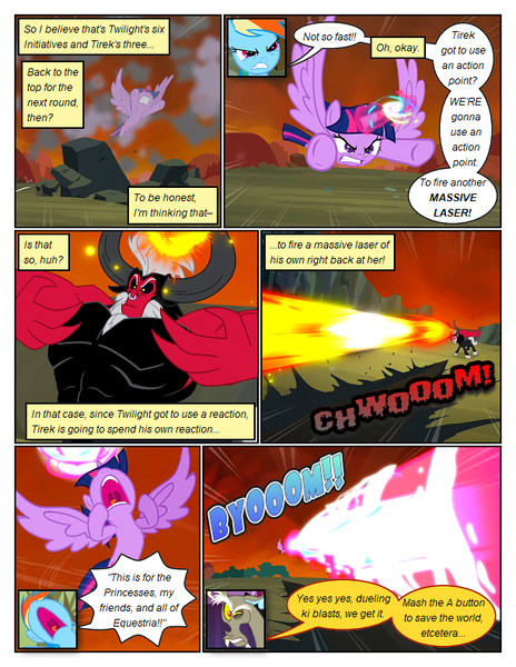 Size: 612x792 | Tagged: safe, artist:newbiespud, derpibooru import, edit, edited screencap, screencap, discord, lord tirek, rainbow dash, centaur, pegasus, pony, taur, comic:friendship is dragons, abs, angry, blast, comic, d:, dialogue, female, flying, glow, glowing horn, horn, horns, image, magic, magic blast, male, mare, onomatopoeia, open mouth, png, underhoof, wings